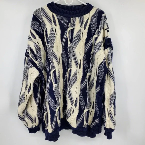 Coogi Australia Basics Navy Blue Cream 3D Textured Knit Sweater Beanie Set XXL - Picture 2 of 15